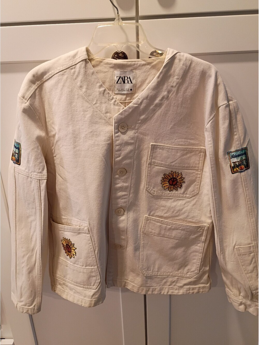 Zara Women's Beige Cotton Jacket with Sunflower and Adventure Patches, Size S